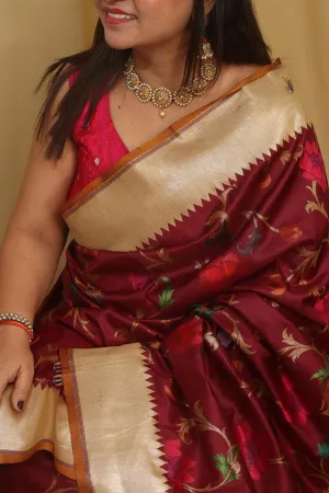 Exquisite Wine Banarasi Handloom Pure Katan Silk Meenakari Saree