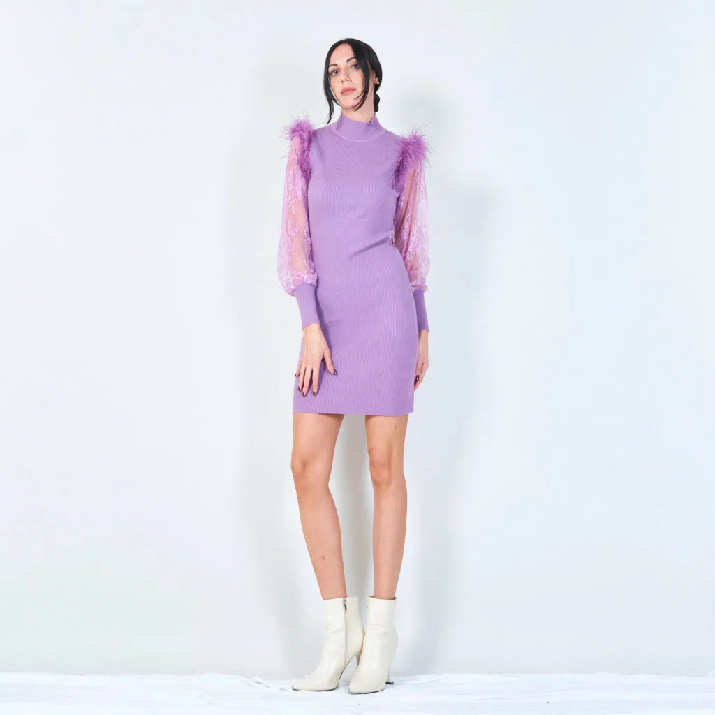 Feather accent lace sleeve dress wholesale