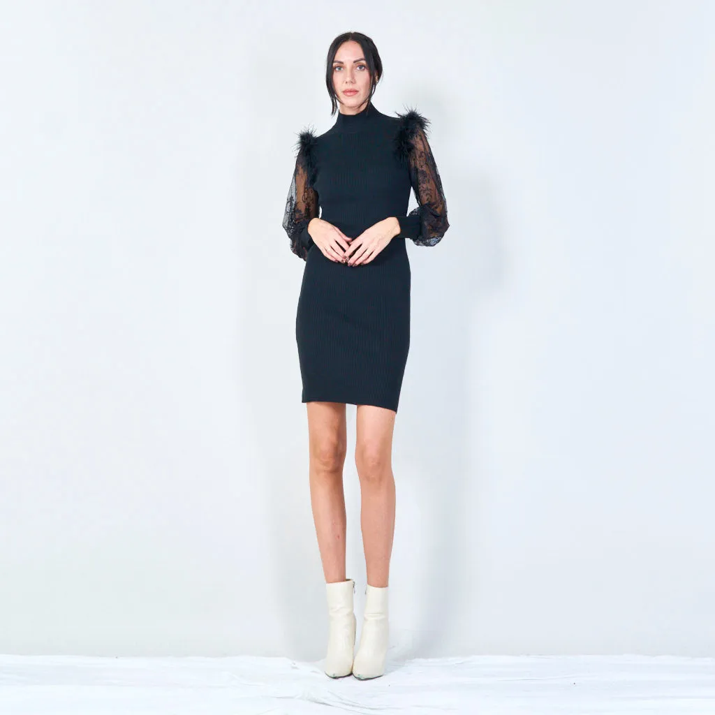 Feather accent lace sleeve dress wholesale