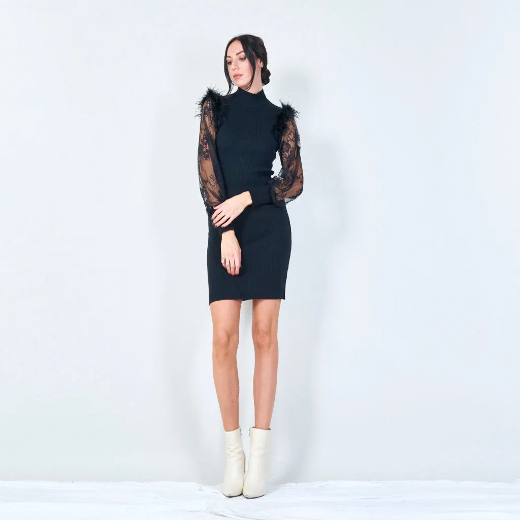 Feather accent lace sleeve dress wholesale
