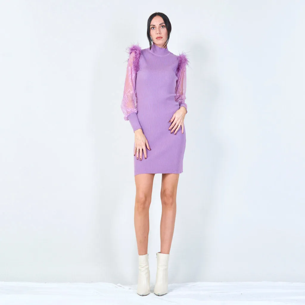 Feather accent lace sleeve dress wholesale