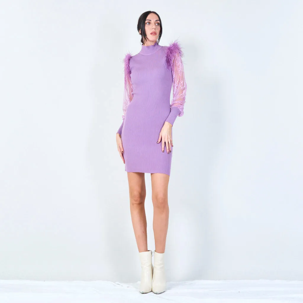 Feather accent lace sleeve dress wholesale