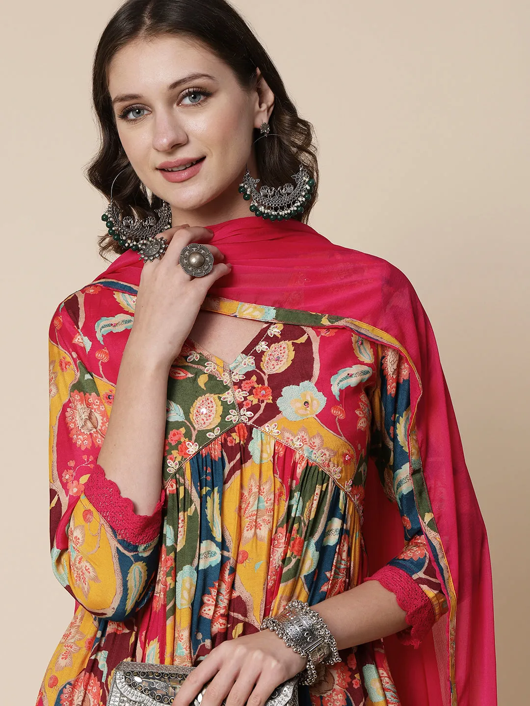 Floral Abstract Printed Cutdana & Beads Embroidered High Slit Kurta With Pants & Dupatta - Multi