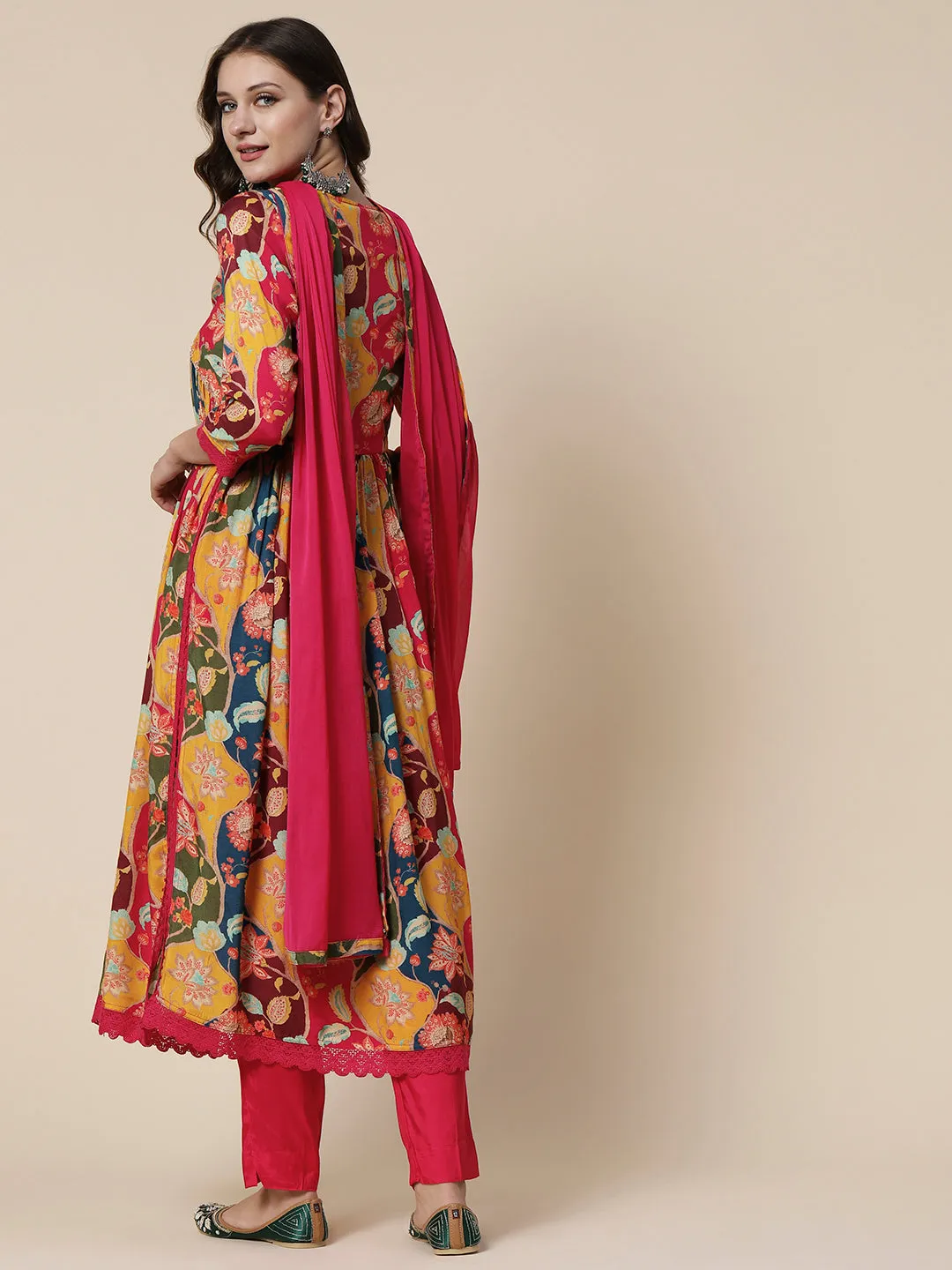 Floral Abstract Printed Cutdana & Beads Embroidered High Slit Kurta With Pants & Dupatta - Multi
