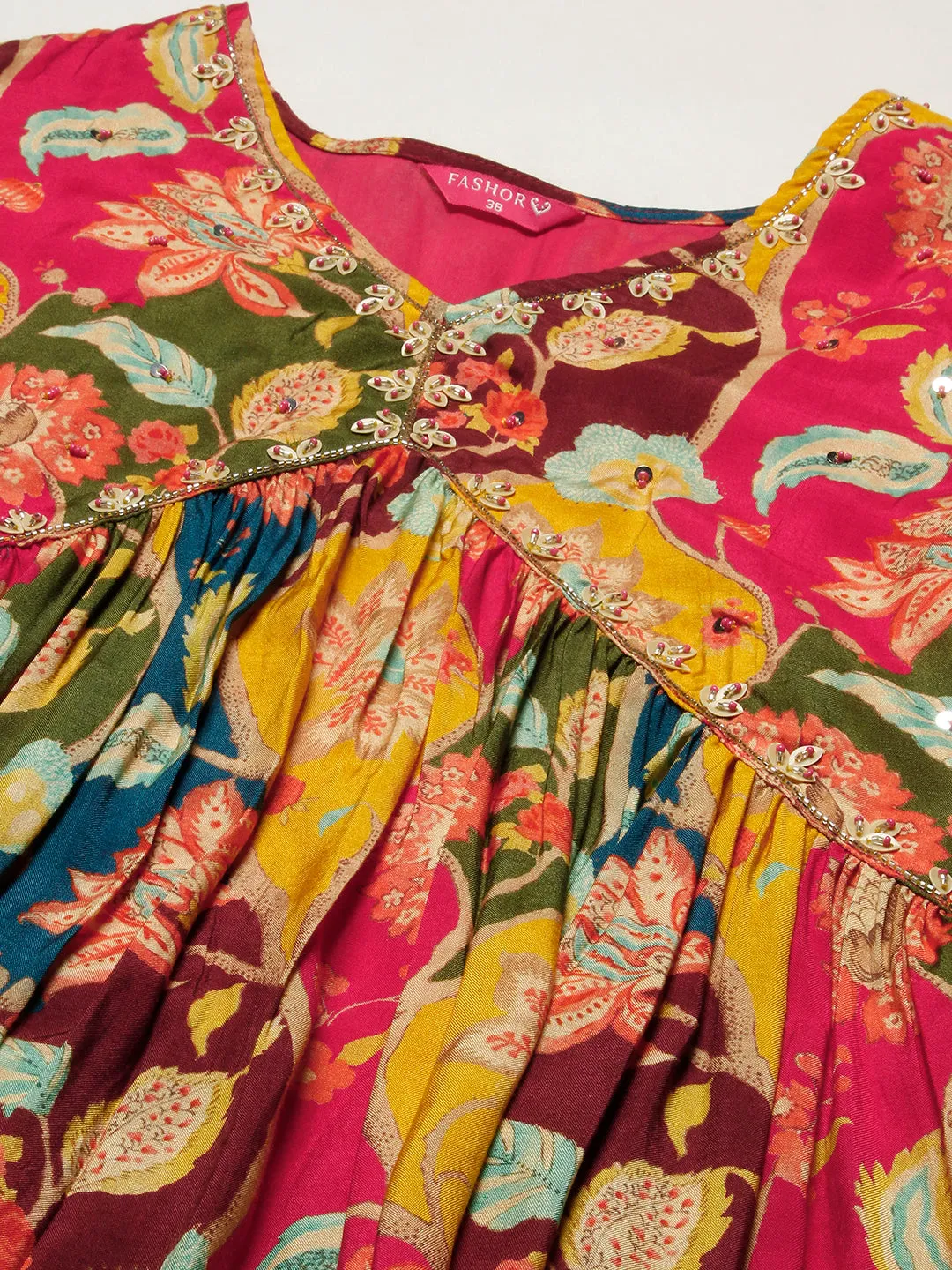 Floral Abstract Printed Cutdana & Beads Embroidered High Slit Kurta With Pants & Dupatta - Multi