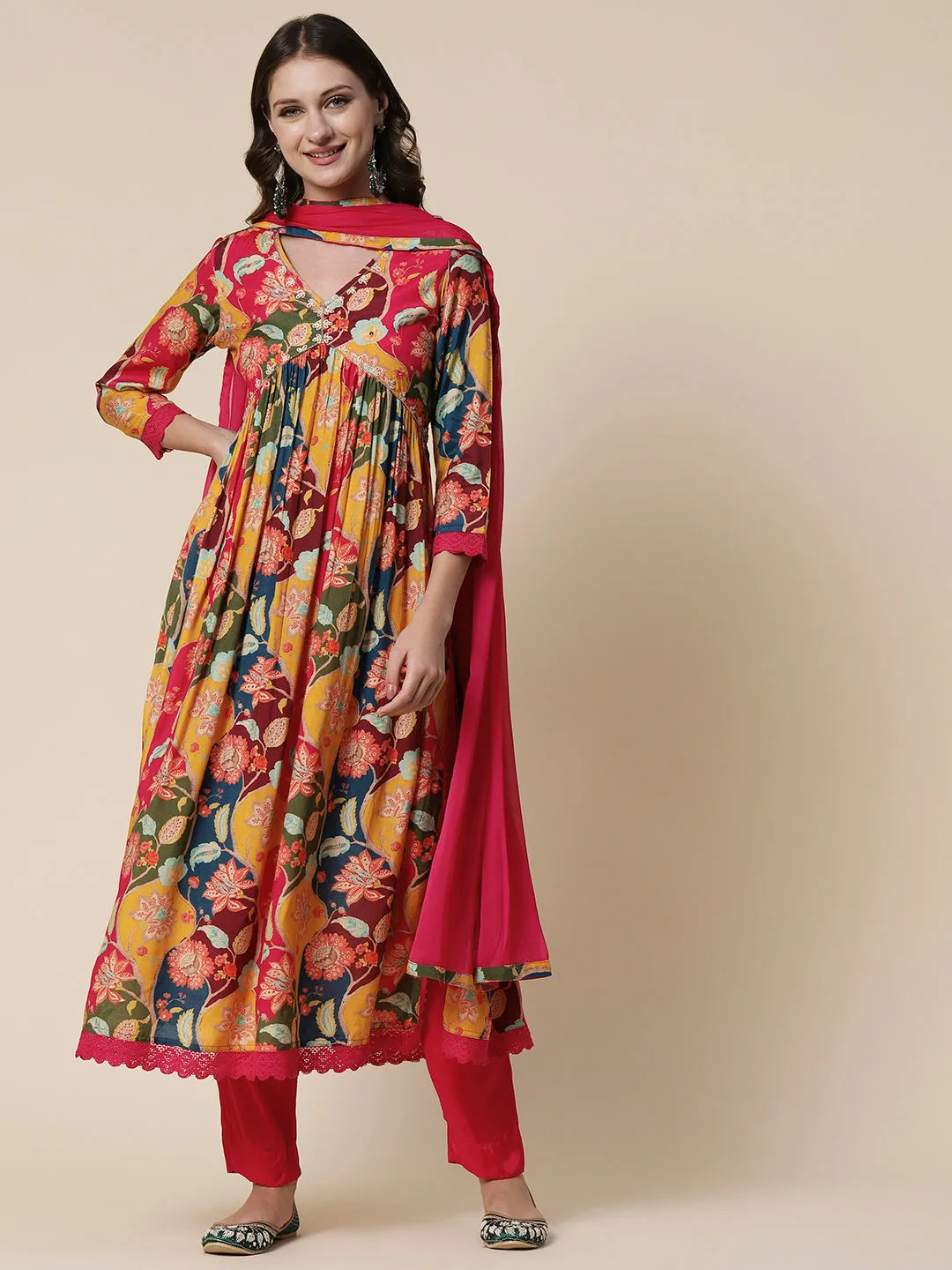 Floral Abstract Printed Cutdana & Beads Embroidered High Slit Kurta With Pants & Dupatta - Multi
