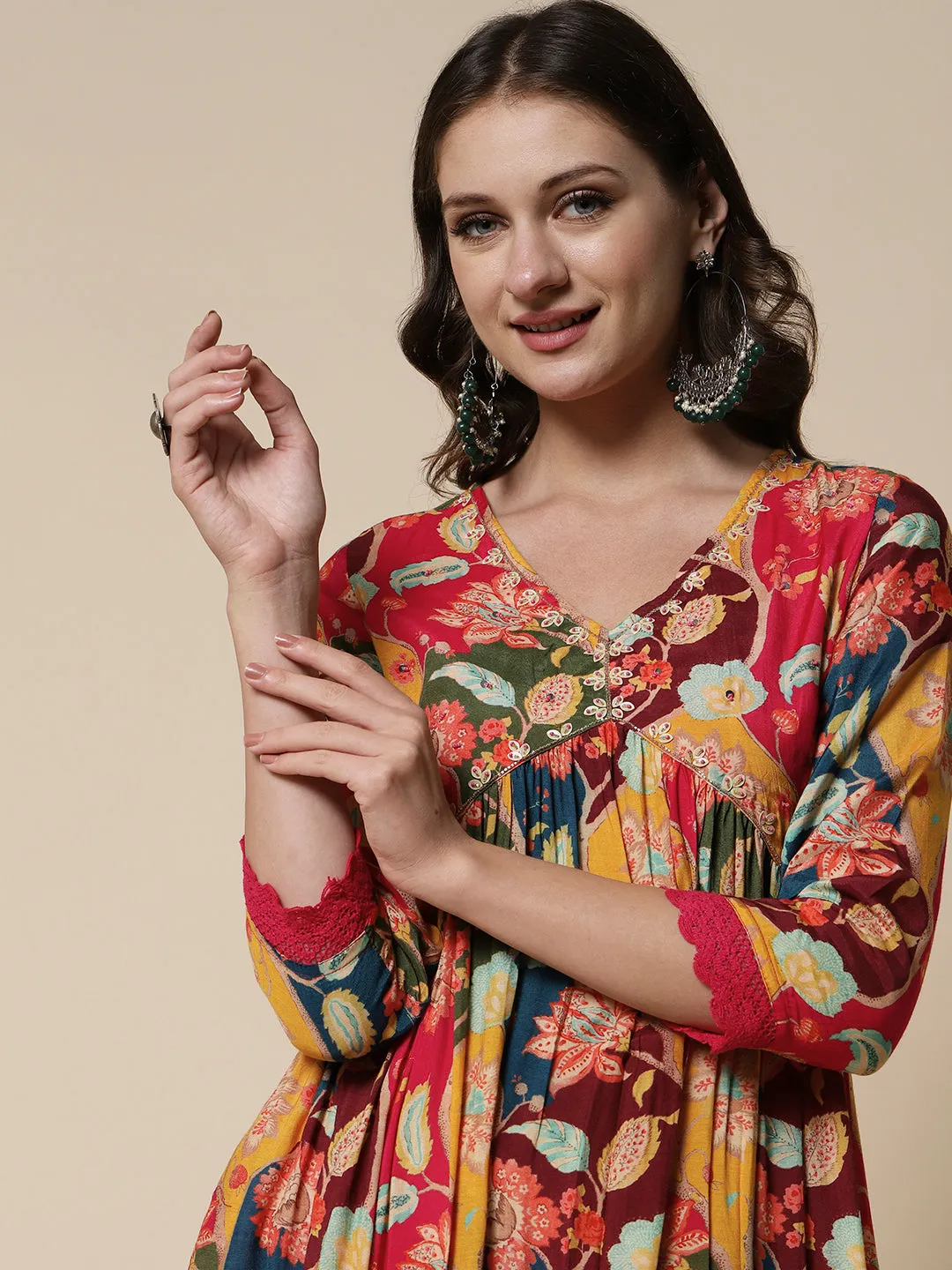 Floral Abstract Printed Cutdana & Beads Embroidered High Slit Kurta With Pants & Dupatta - Multi