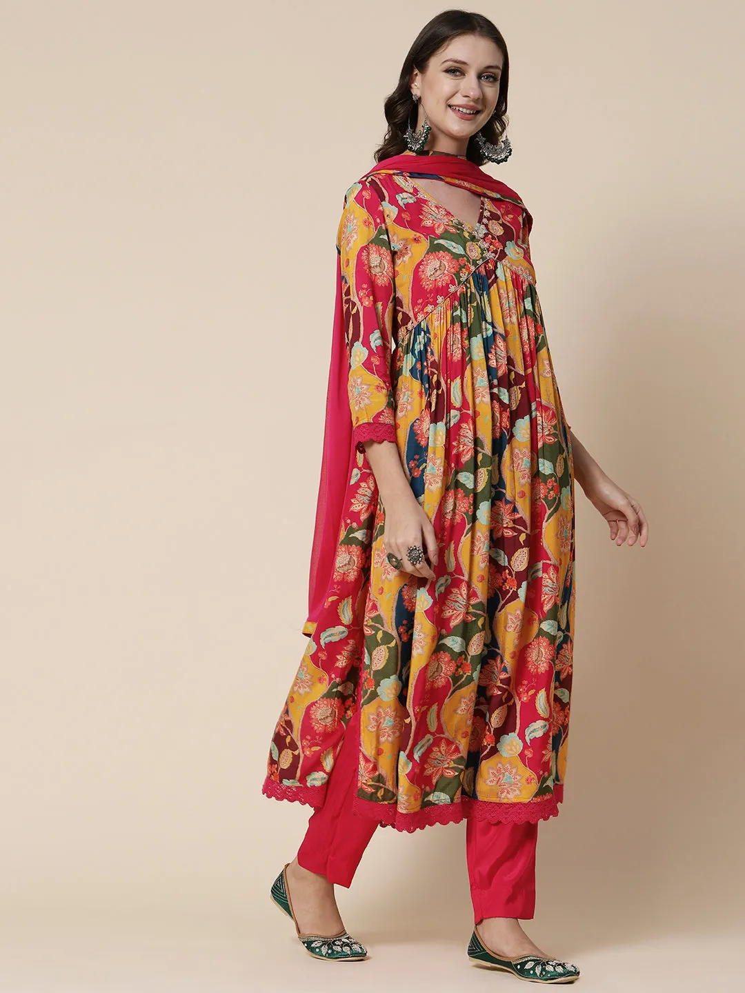Floral Abstract Printed Cutdana & Beads Embroidered High Slit Kurta With Pants & Dupatta - Multi