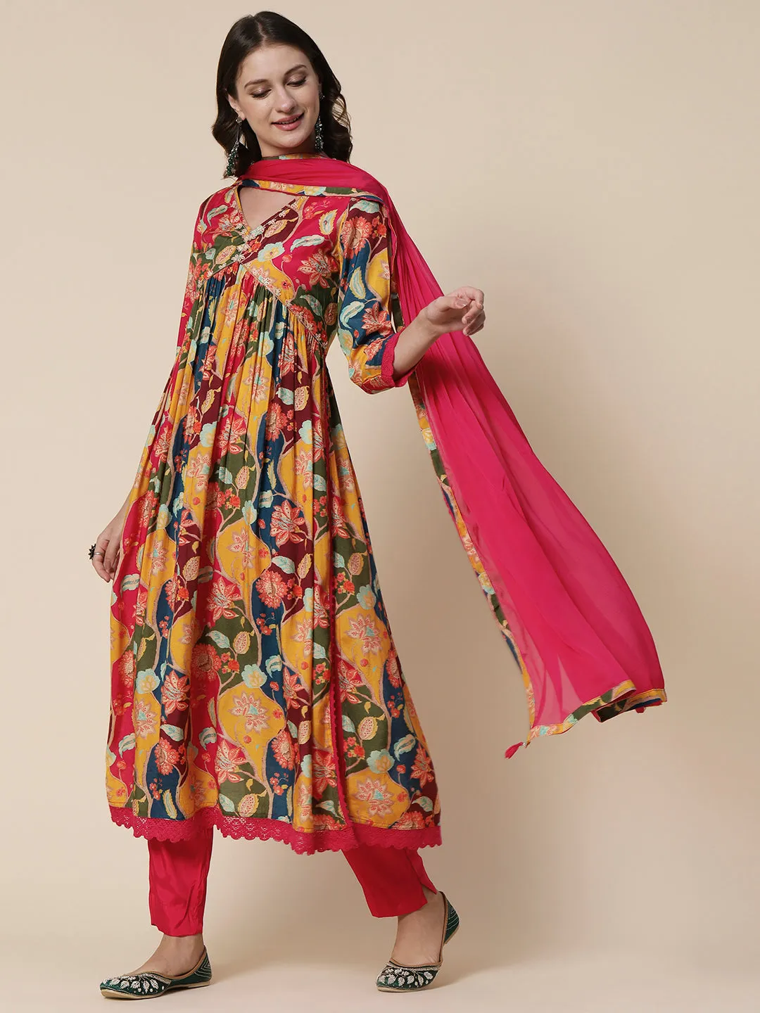 Floral Abstract Printed Cutdana & Beads Embroidered High Slit Kurta With Pants & Dupatta - Multi