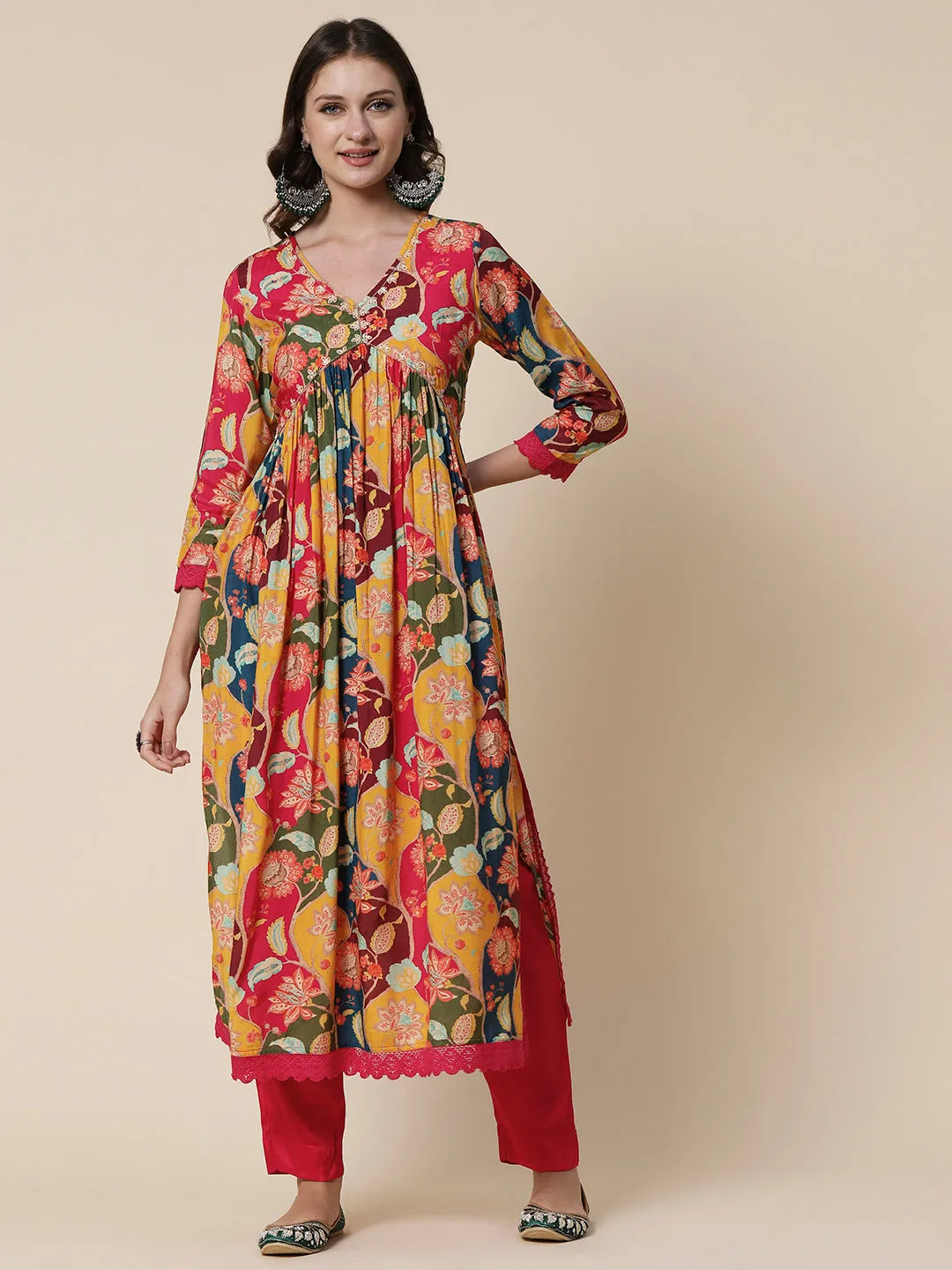 Floral Abstract Printed Cutdana & Beads Embroidered High Slit Kurta With Pants & Dupatta - Multi
