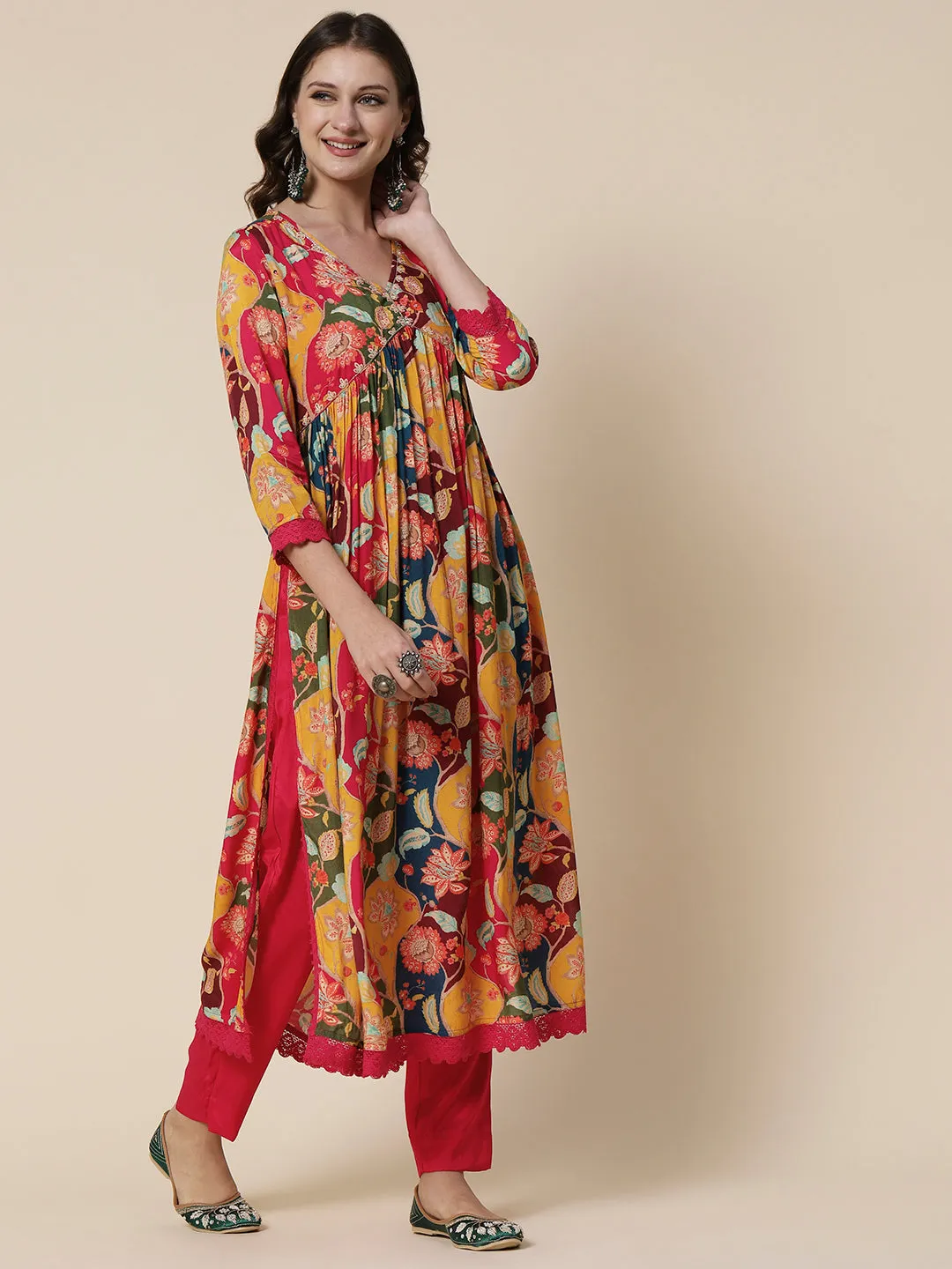 Floral Abstract Printed Cutdana & Beads Embroidered High Slit Kurta With Pants & Dupatta - Multi