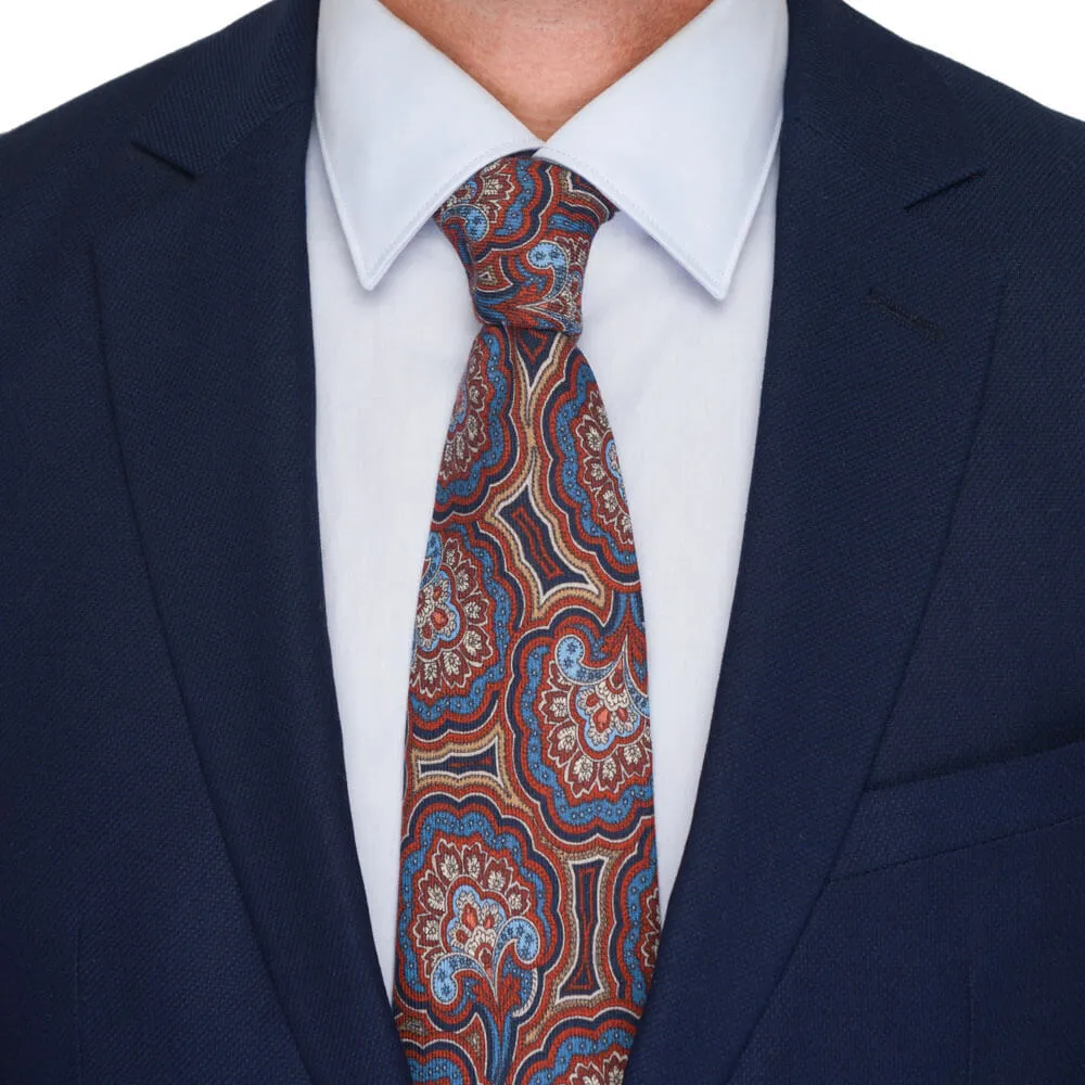 Floral Paisley Red and Blue Silk Wool Tie