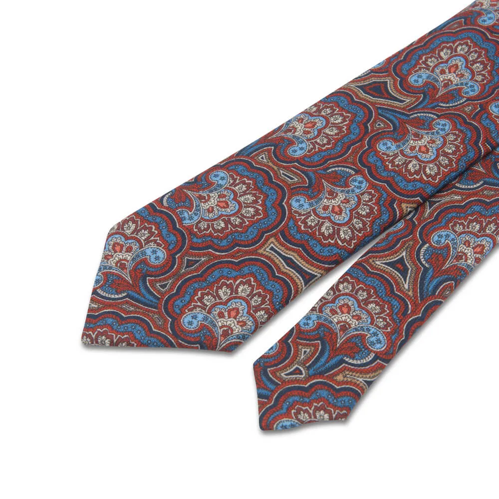 Floral Paisley Red and Blue Silk Wool Tie