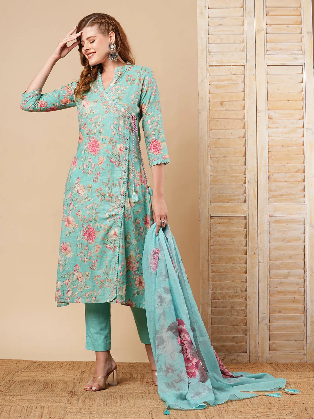 Floral Printed A-Line Paneled Kurta with Pant & Dupatta - Turquoise Blue
