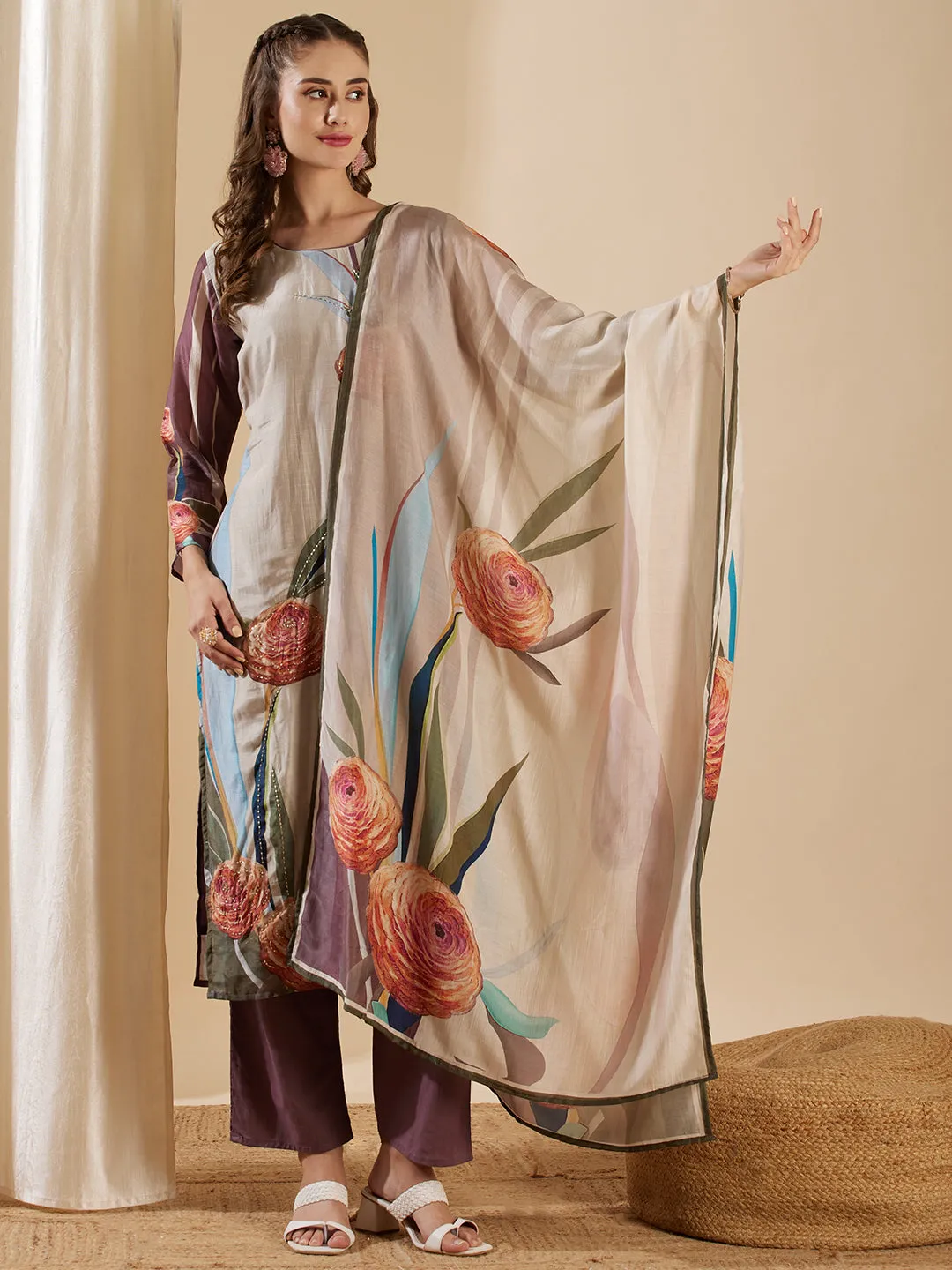Floral Printed Mirror & Cutdana Embroidered Kurta with Pants & Dupatta - Multi