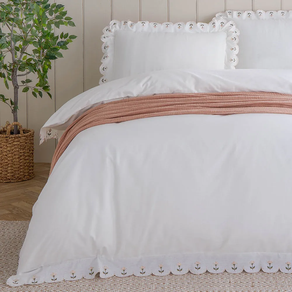 Florrie Embroidered Cotton Pillowcase Pair Peach