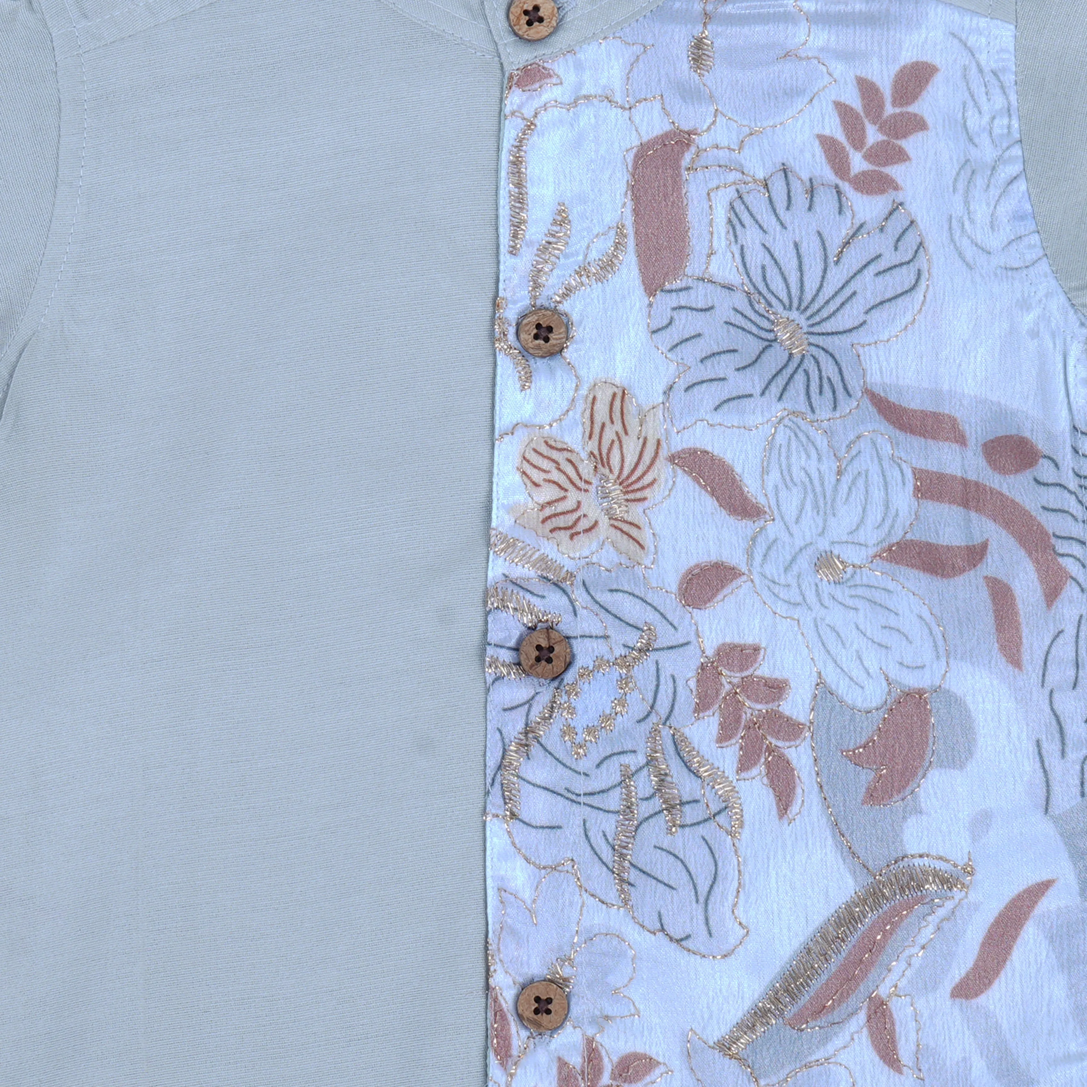 Graceful Grey Boys' Silk Shirt and Dhoti Set with Embroidered Details