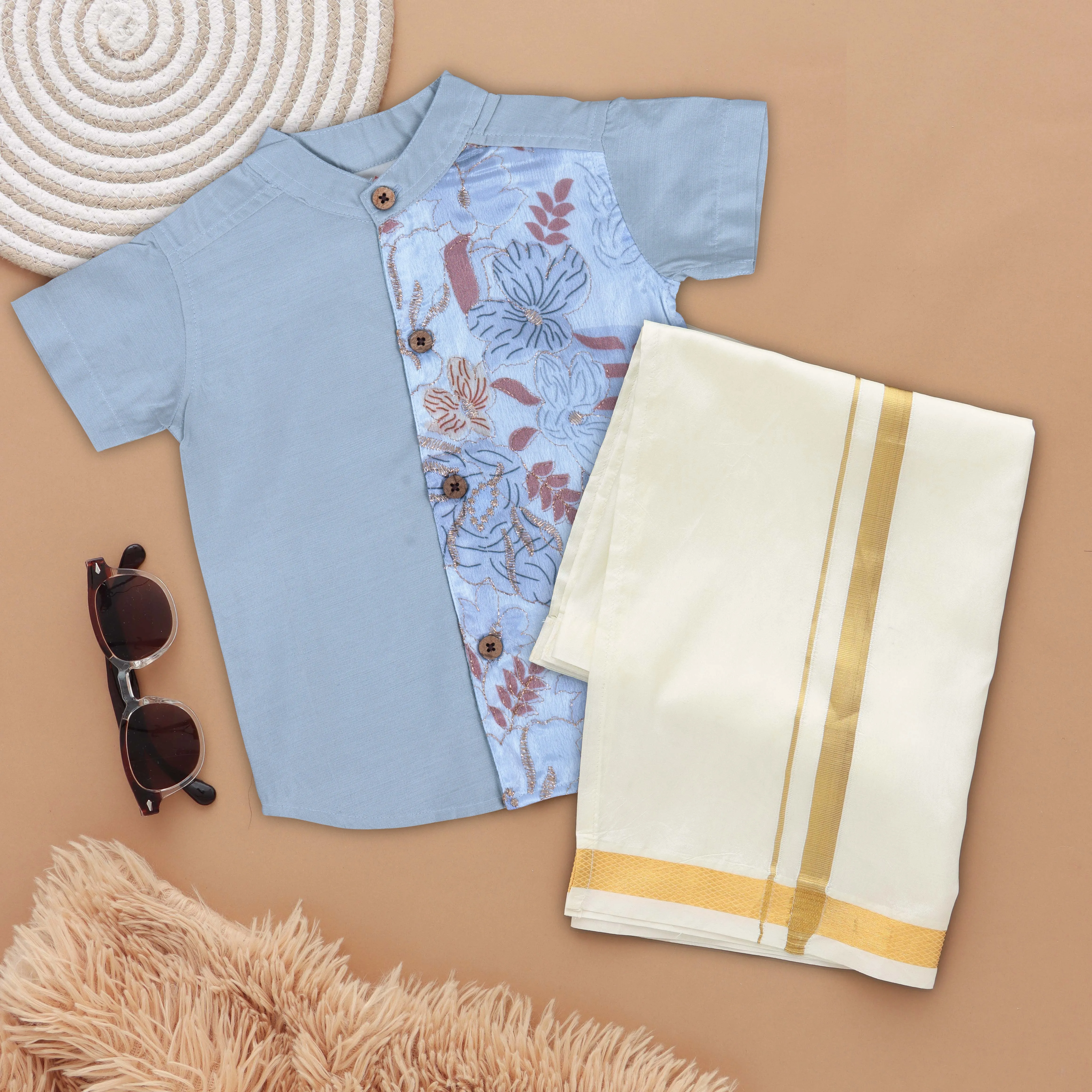 Graceful Grey Boys' Silk Shirt and Dhoti Set with Embroidered Details