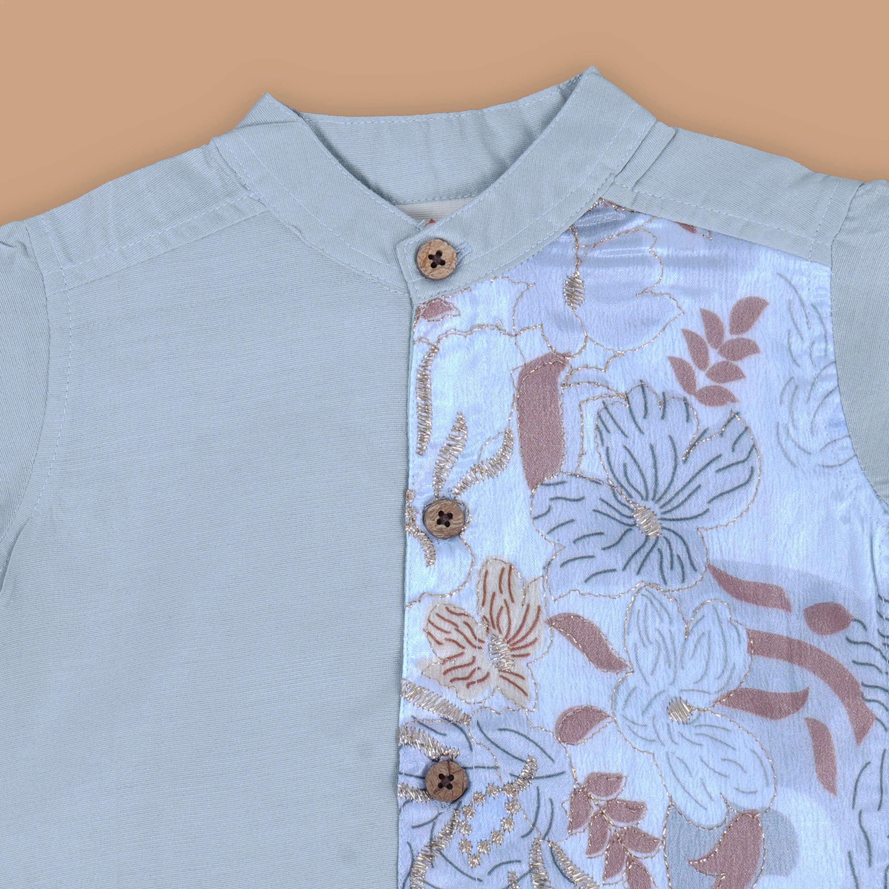 Graceful Grey Boys' Silk Shirt and Dhoti Set with Embroidered Details