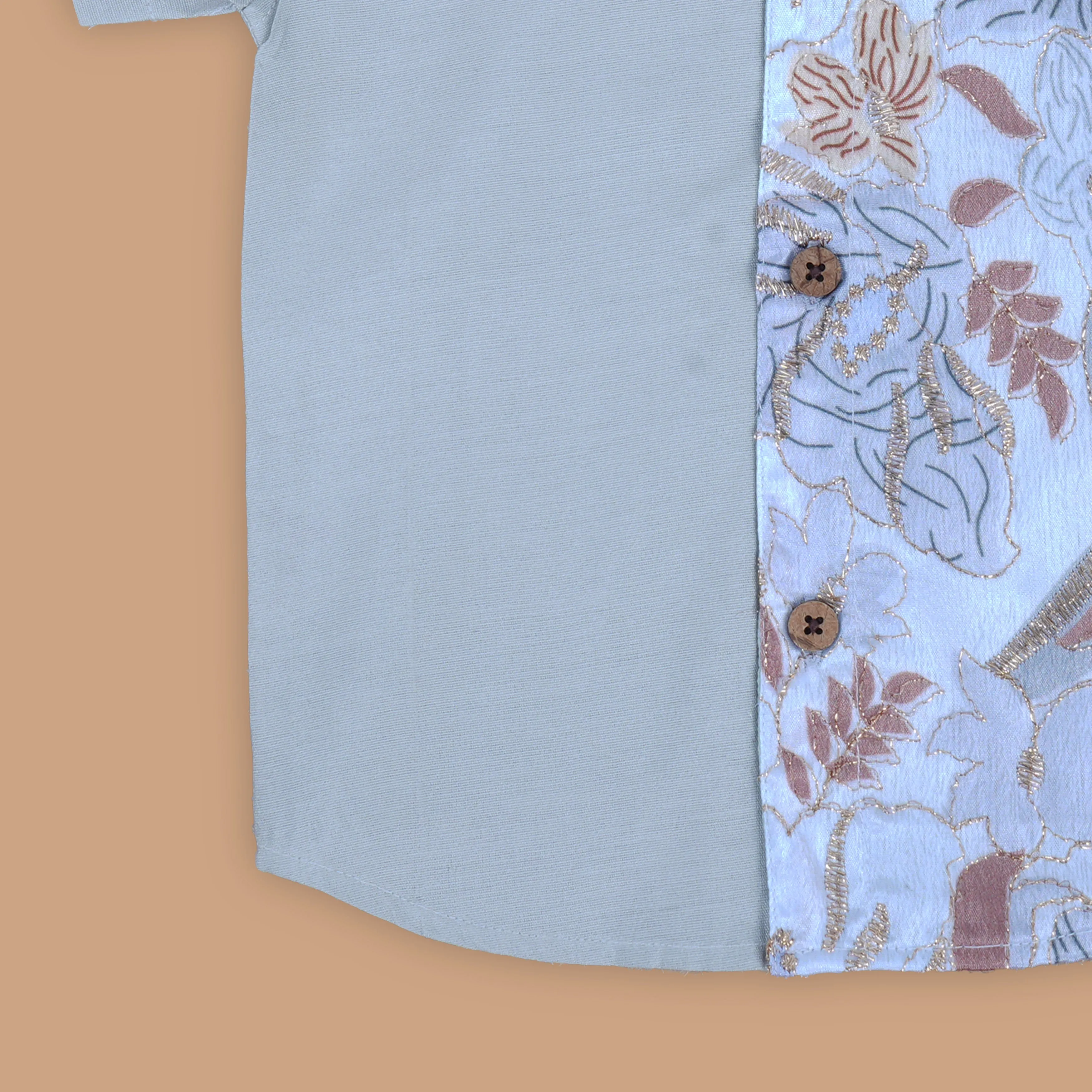 Graceful Grey Boys' Silk Shirt and Dhoti Set with Embroidered Details