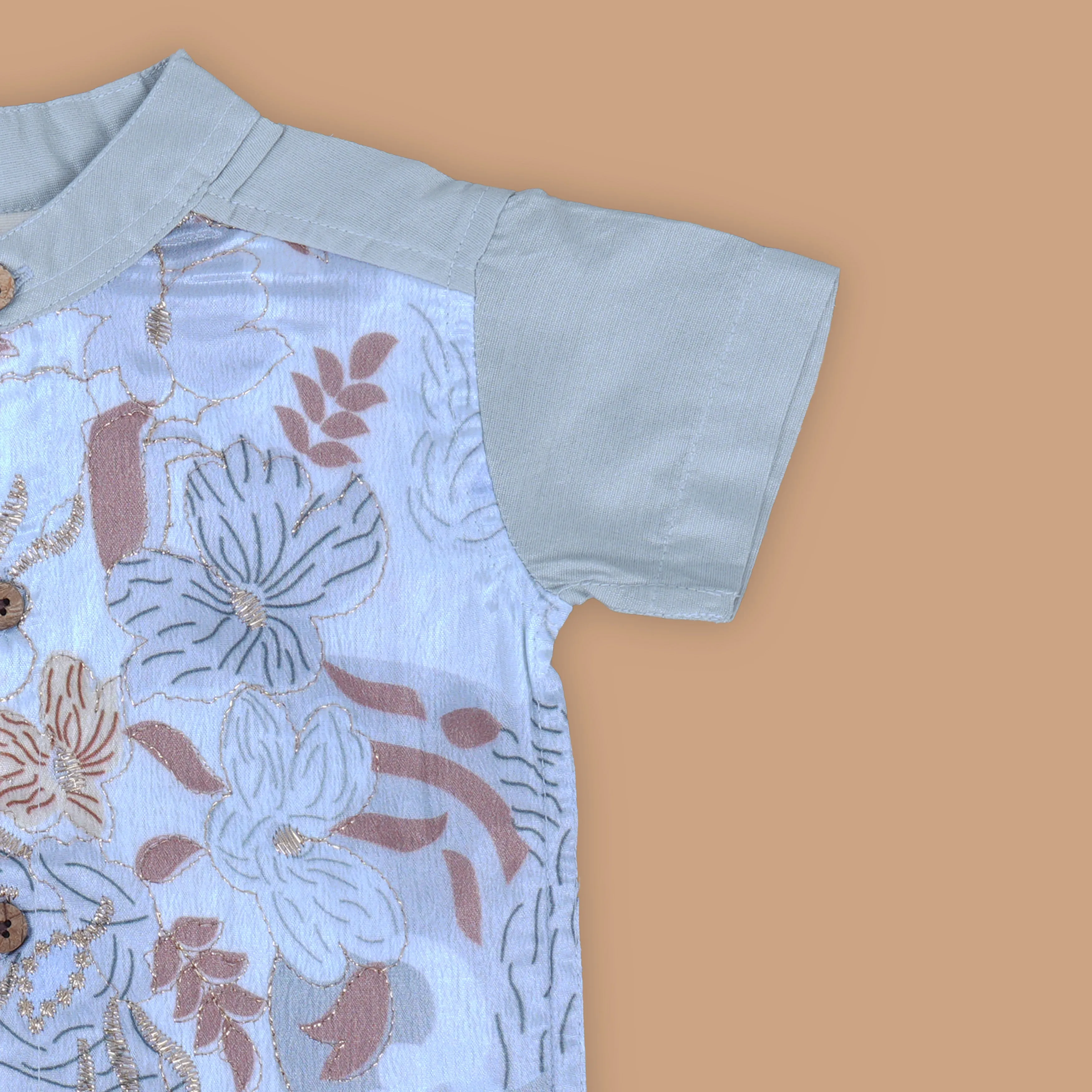 Graceful Grey Boys' Silk Shirt and Dhoti Set with Embroidered Details