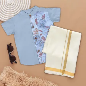 Graceful Grey Boys' Silk Shirt and Dhoti Set with Embroidered Details