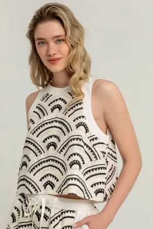 Greek Archaic Kori S25K-340662 Embroidered Sleeveless Top White Black Ecru