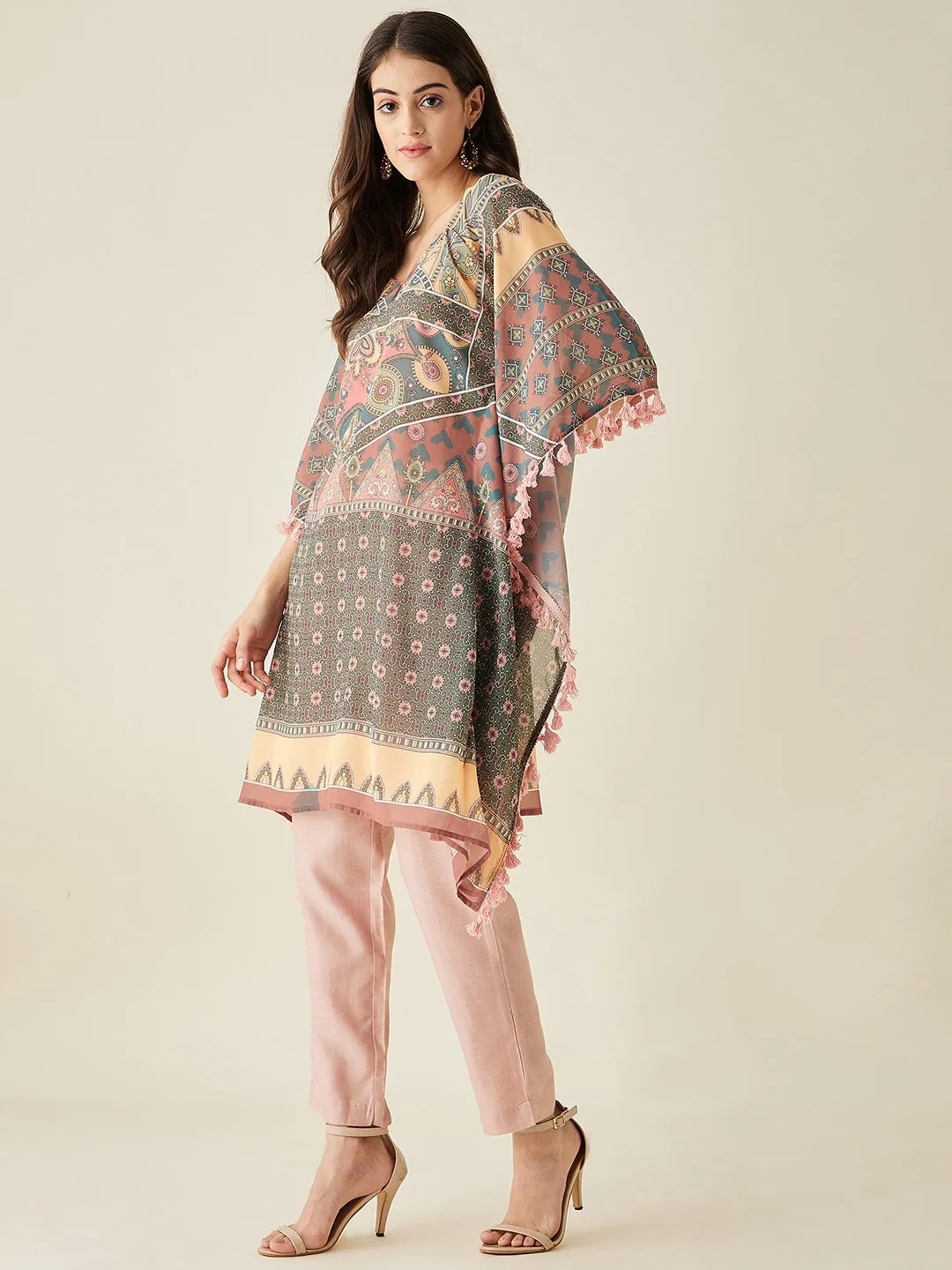 Green Abstract Floral Printed Kaftan Kurta - The Kaftan Company