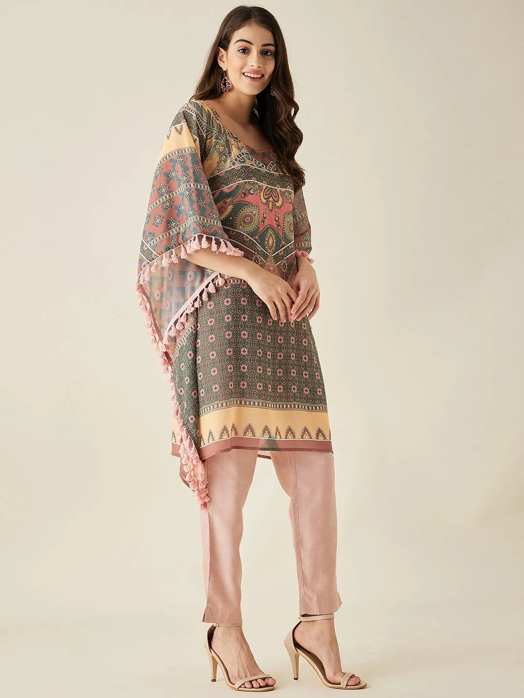 Green Abstract Floral Printed Kaftan Kurta - The Kaftan Company