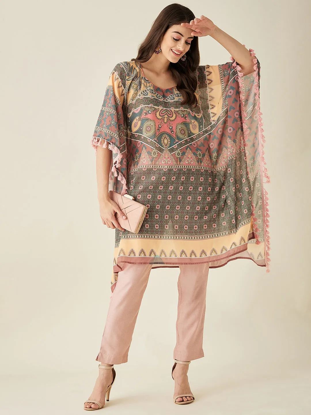Green Abstract Floral Printed Kaftan Kurta - The Kaftan Company
