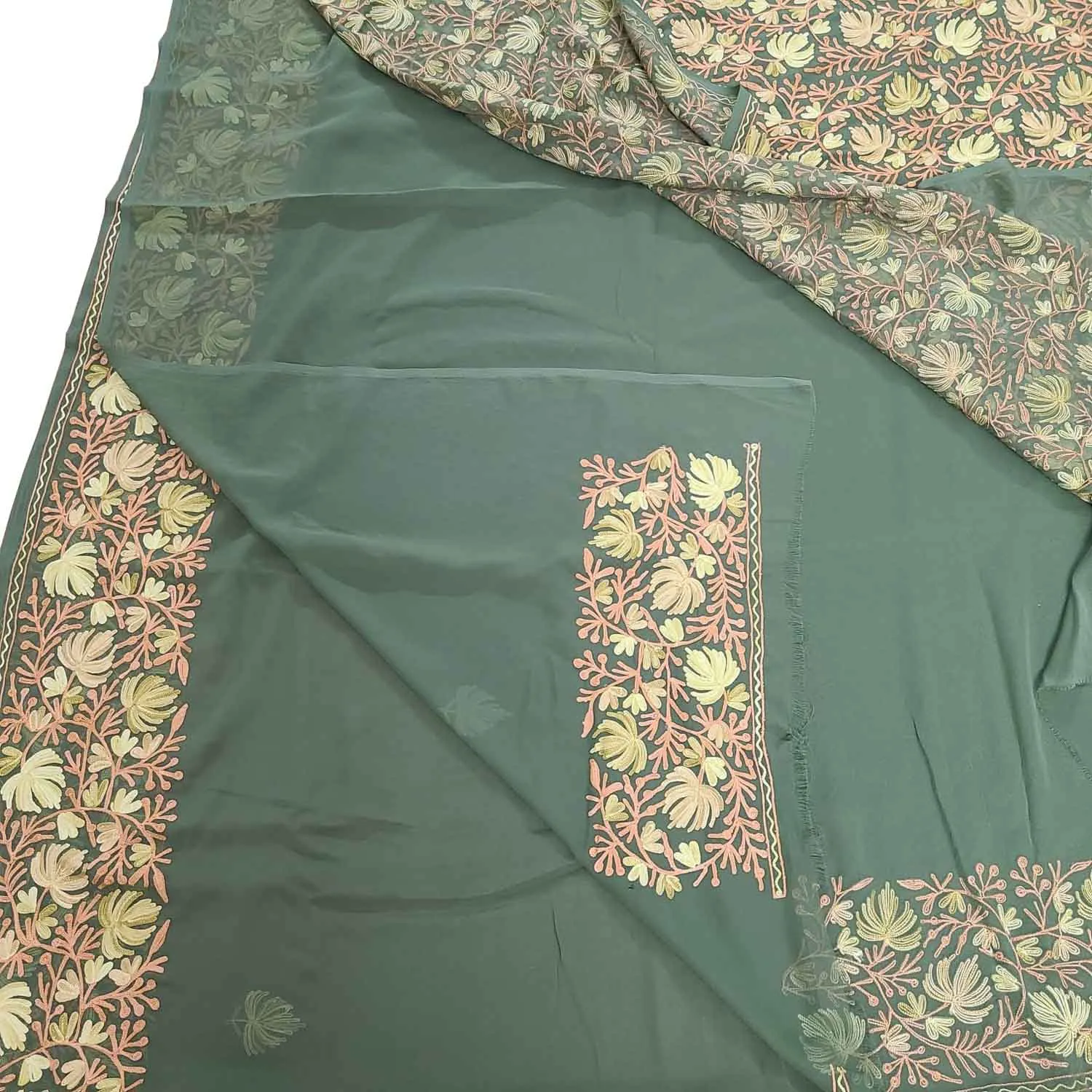 Green Kashmiri Aari Work Georgette Saree