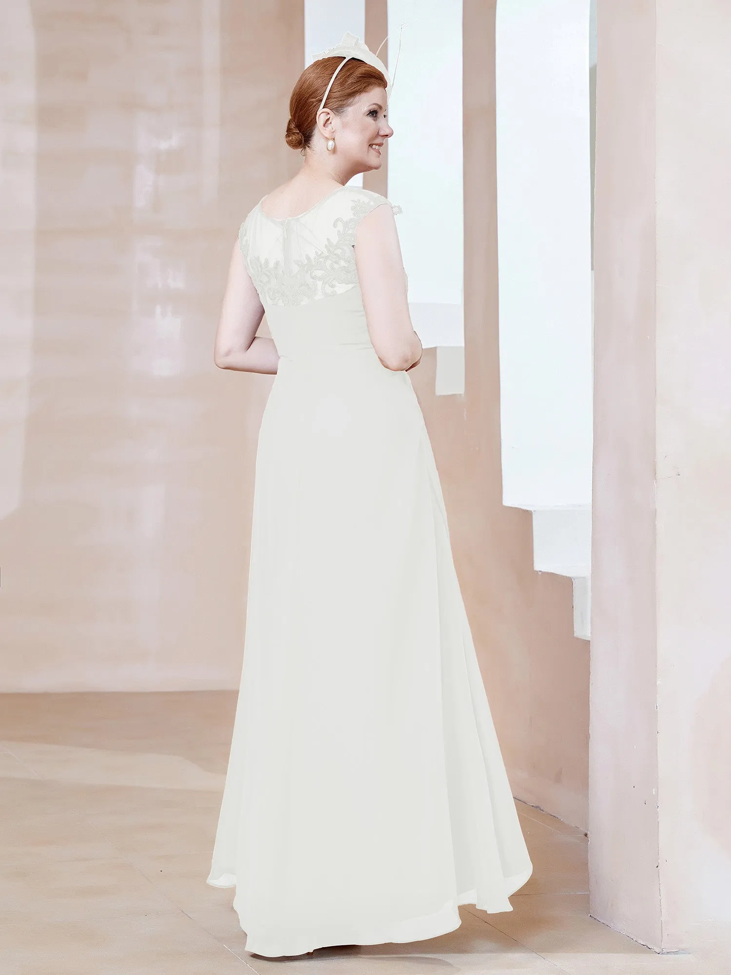 Illusion Lace Neckline Asymmetrical A-Line Dress Ivory