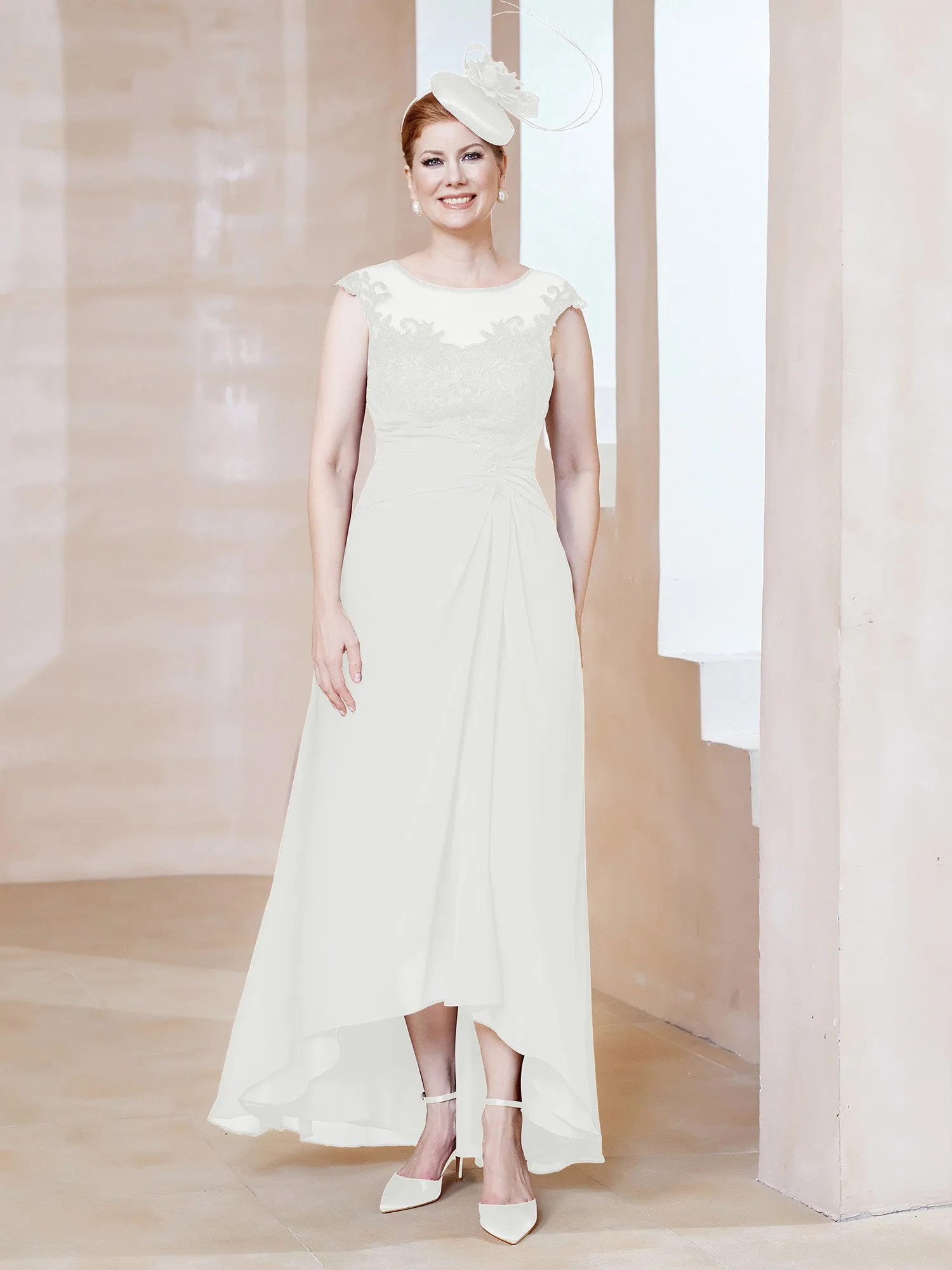 Illusion Lace Neckline Asymmetrical A-Line Dress Ivory