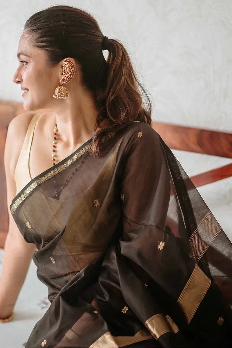 Imaginative Black Cotton Silk Saree With Ethereal Blouse Piece