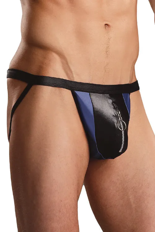 Leather Look Zipper Pouch Jockstrap - Blue and Black