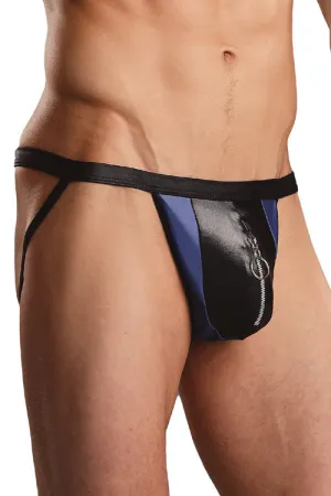 Leather Look Zipper Pouch Jockstrap - Blue and Black