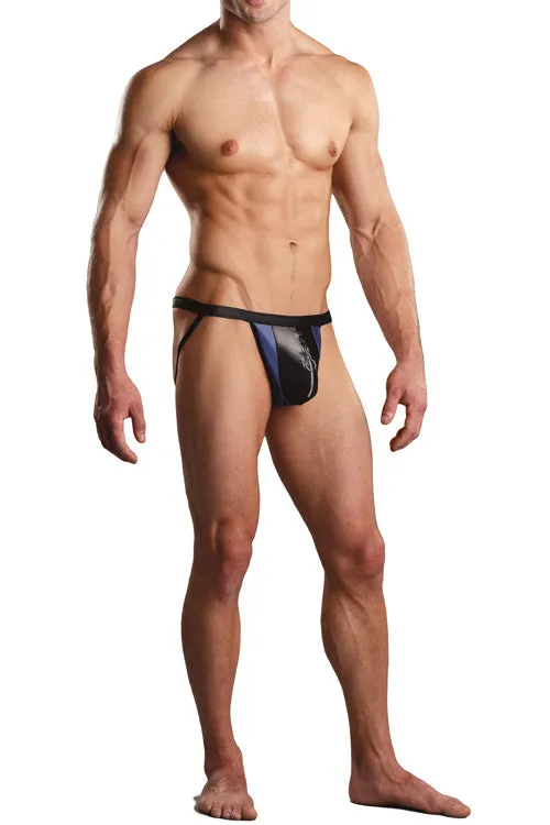 Leather Look Zipper Pouch Jockstrap - Blue and Black