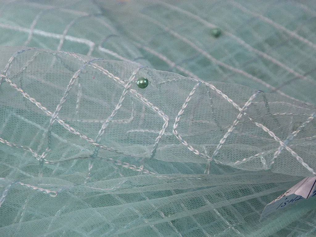 Light Aqua Blue Checks Geometric Thread Embroidered Net Fabric
