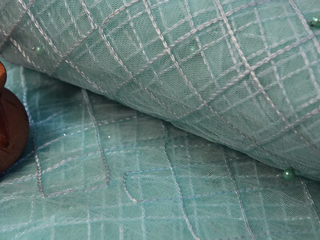 Light Aqua Blue Checks Geometric Thread Embroidered Net Fabric