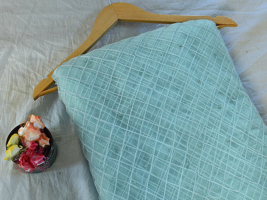 Light Aqua Blue Checks Geometric Thread Embroidered Net Fabric