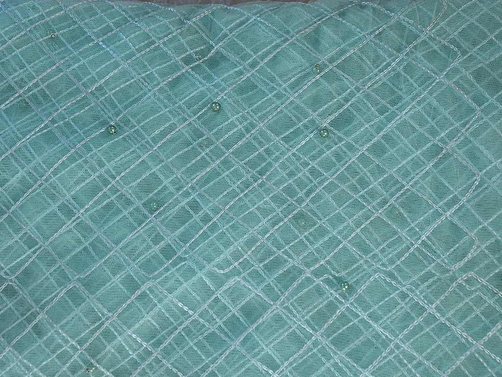 Light Aqua Blue Checks Geometric Thread Embroidered Net Fabric
