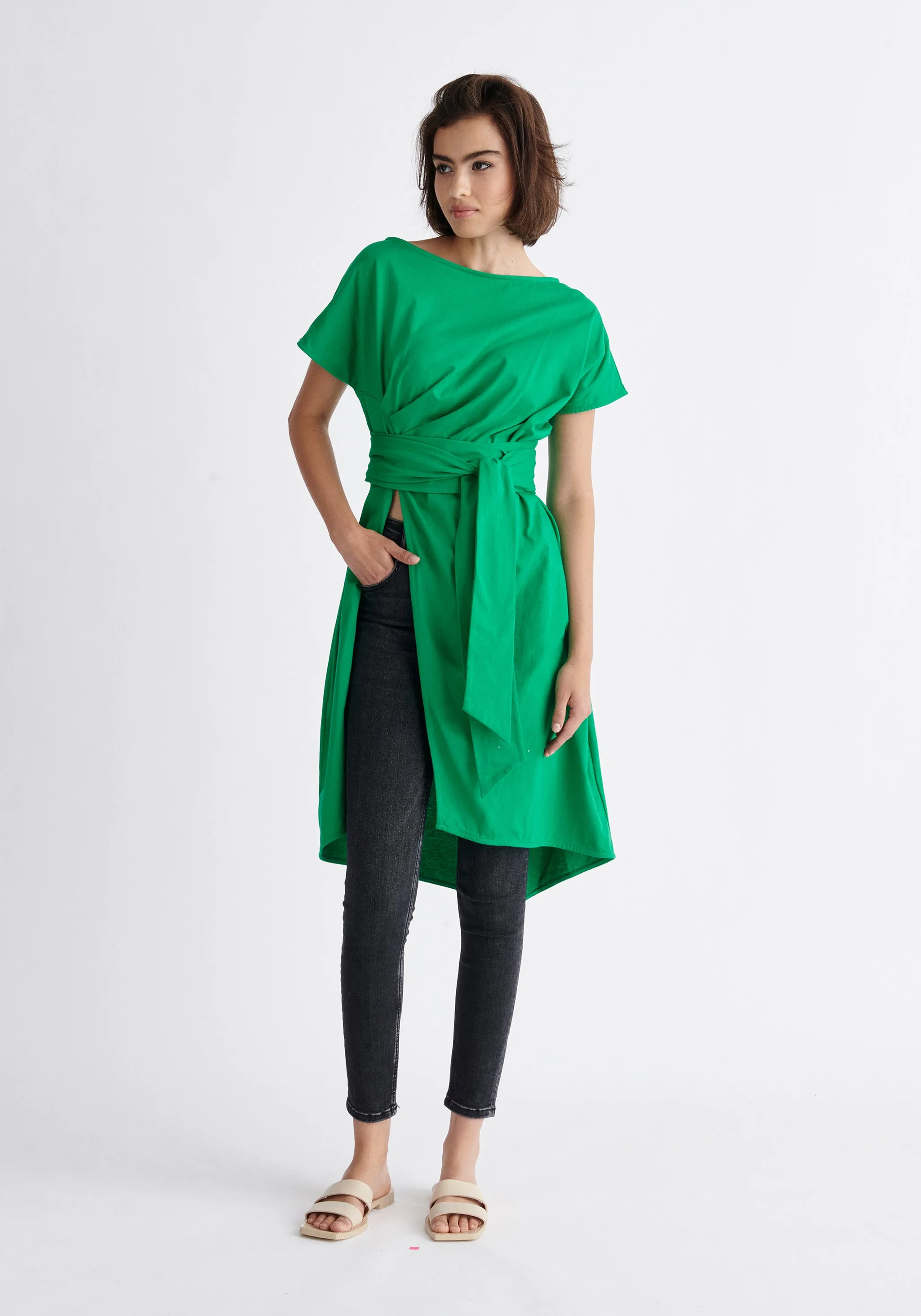 Long Waist Tie Cotton Top
