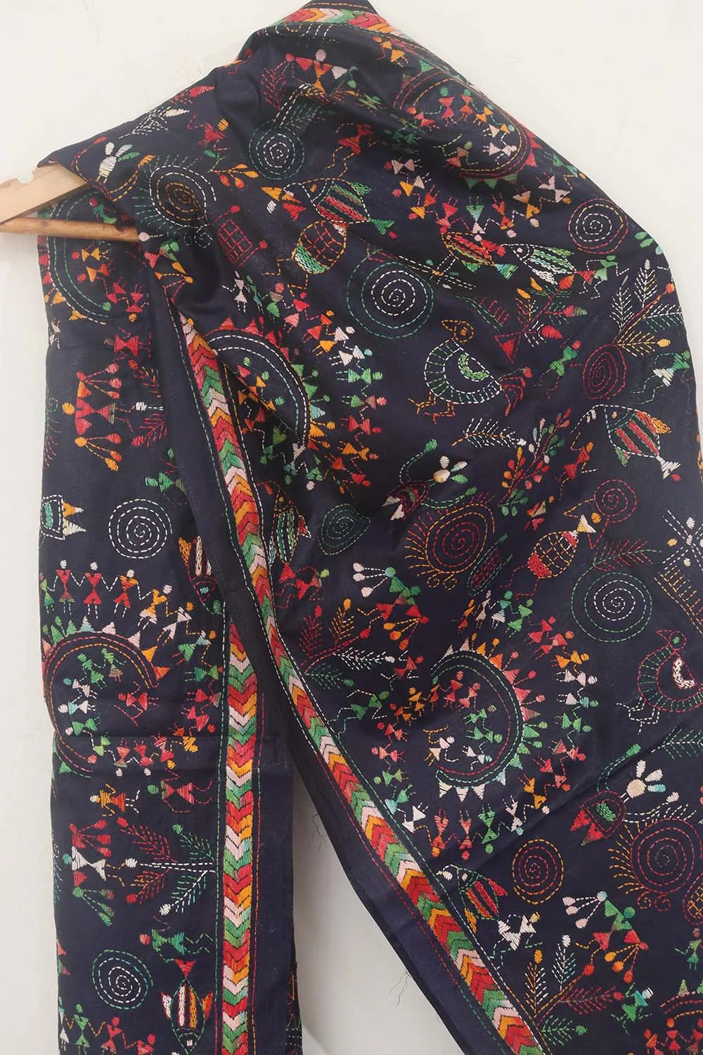 Luxurious Black Hand Embroidered Kantha Pure Bangalore Silk Stole