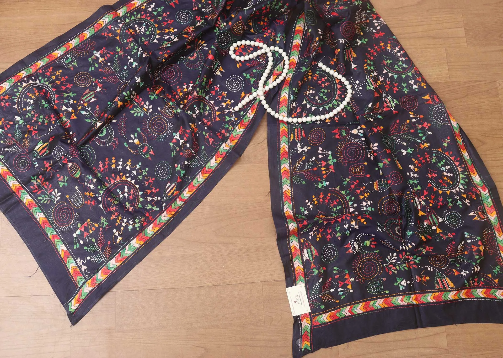 Luxurious Black Hand Embroidered Kantha Pure Bangalore Silk Stole
