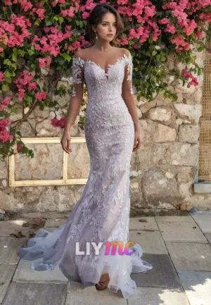 LW325 - Illusion Neckline Long Sleeves Lace Mermaid Wedding Dress