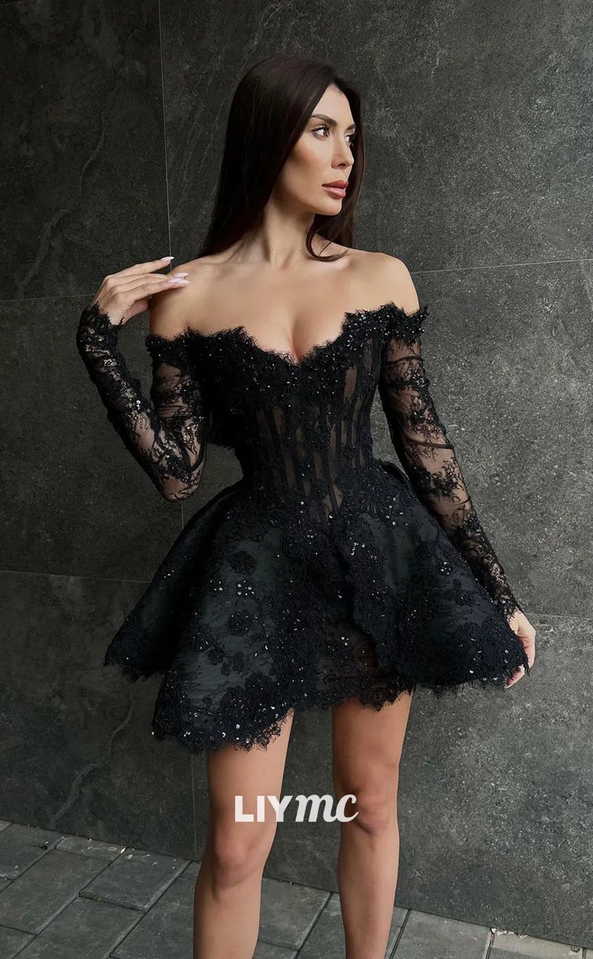 LY046 - Off-Shoulder Lace Appliques Long Sleeves A-Line Short Homecoming Dress
