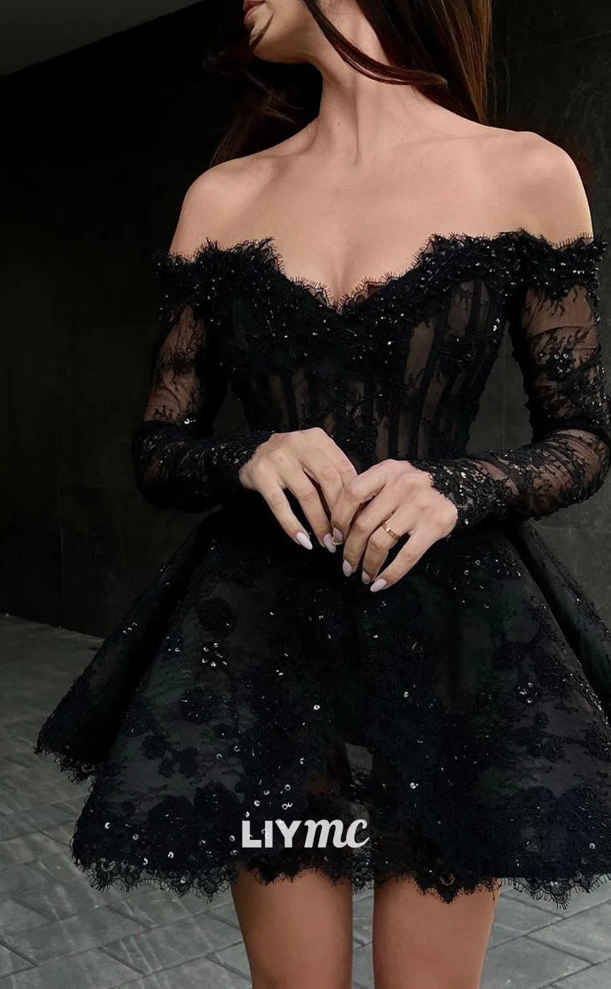 LY046 - Off-Shoulder Lace Appliques Long Sleeves A-Line Short Homecoming Dress