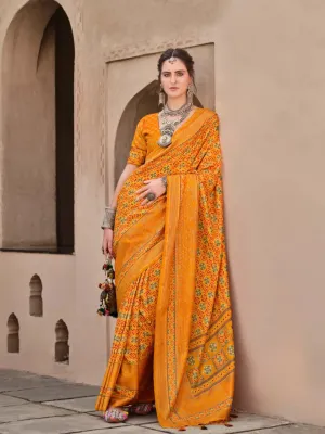 Marvelous Mustard Ajrakh Printed Sigma Silk Traditional Saree