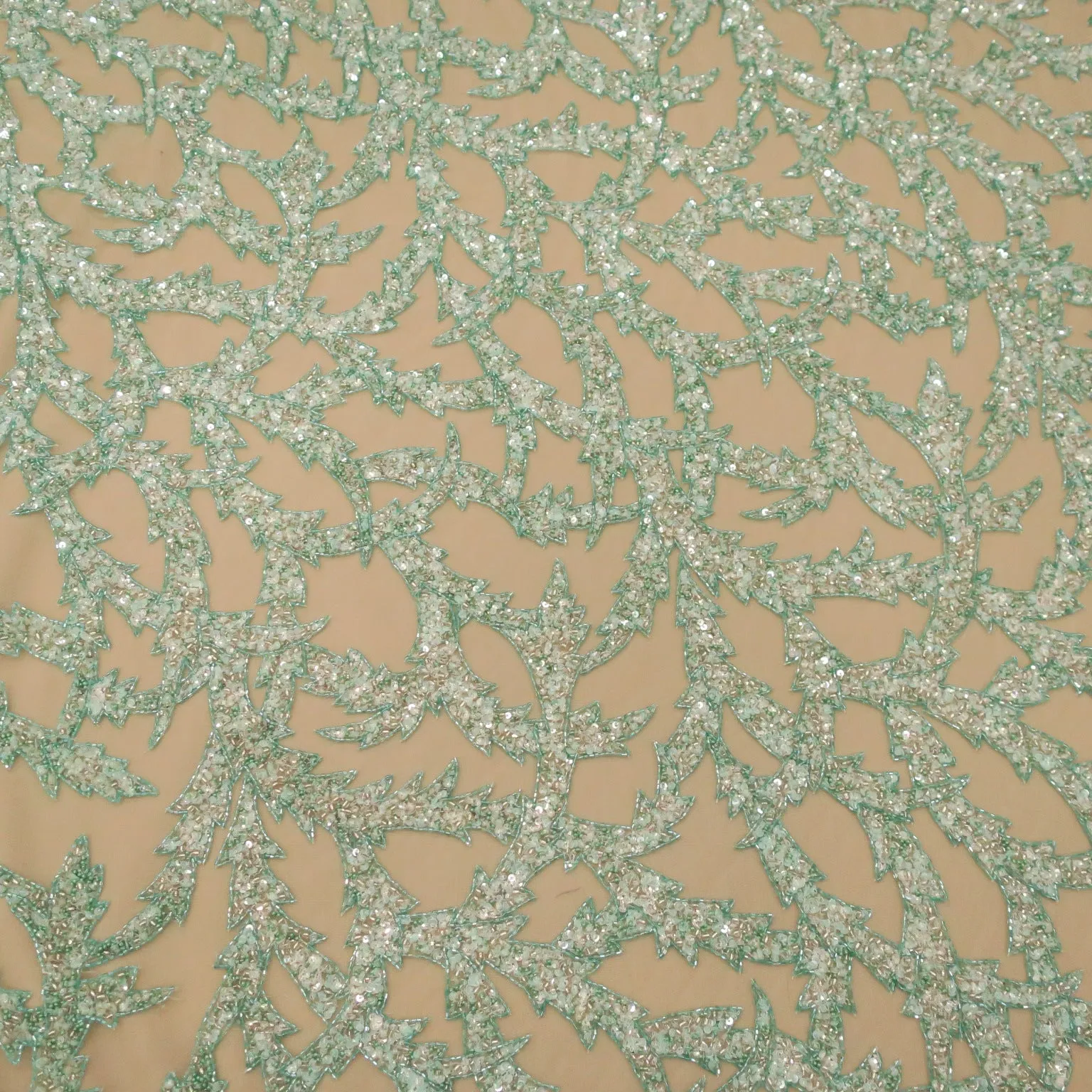 Mint Green Arabesques Embroidered Tulle Fabric