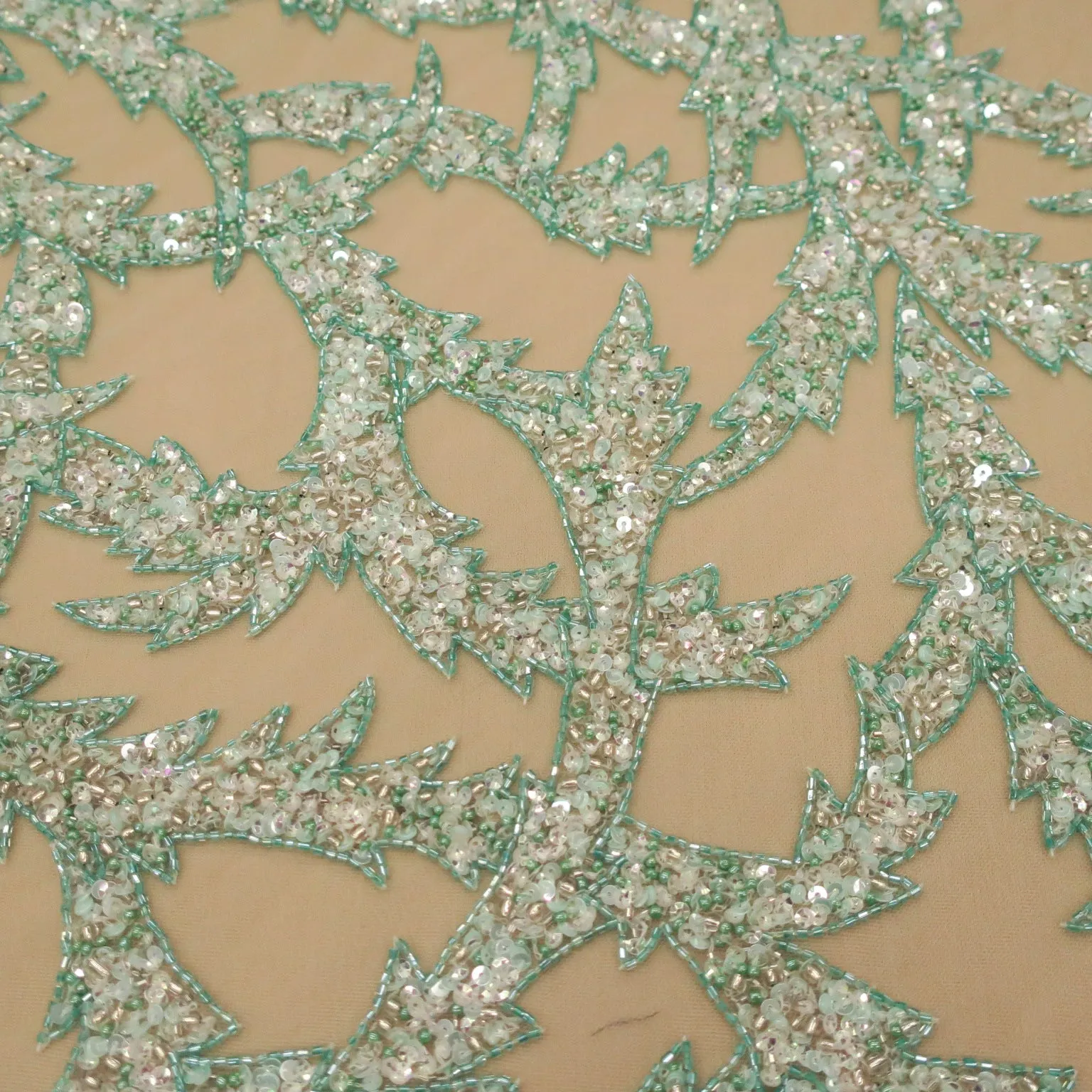 Mint Green Arabesques Embroidered Tulle Fabric